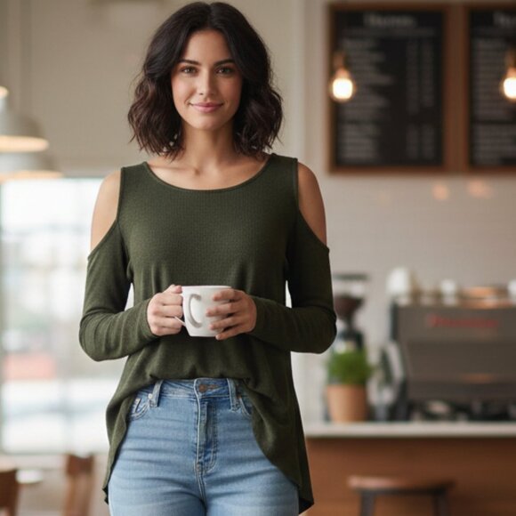 Neiman Marcus Sweaters - NEIMAN MARCUS Olive Green Cut-Out Sleeve Sweater Size M